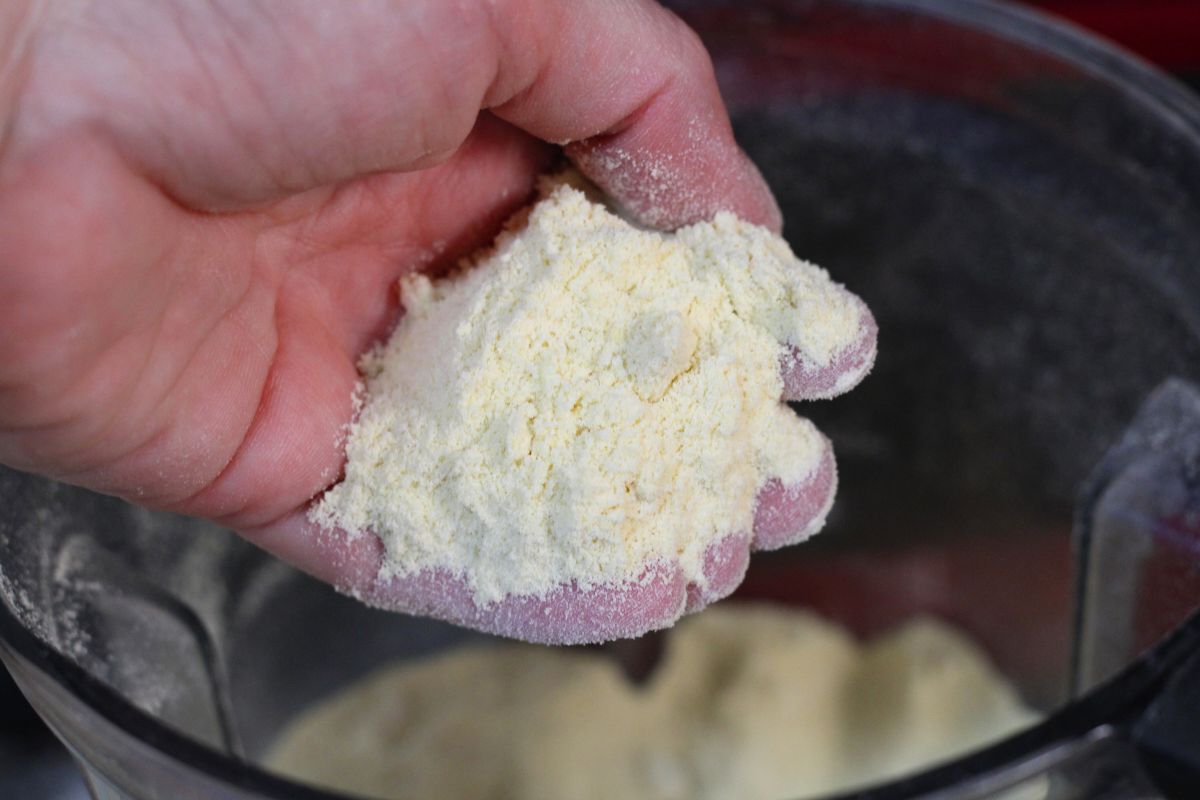 Freeze dried pancake powder in a ladies hand