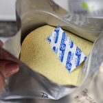 Freeze dried pancake powder in a mylar bag with a blue oxygen absorber.