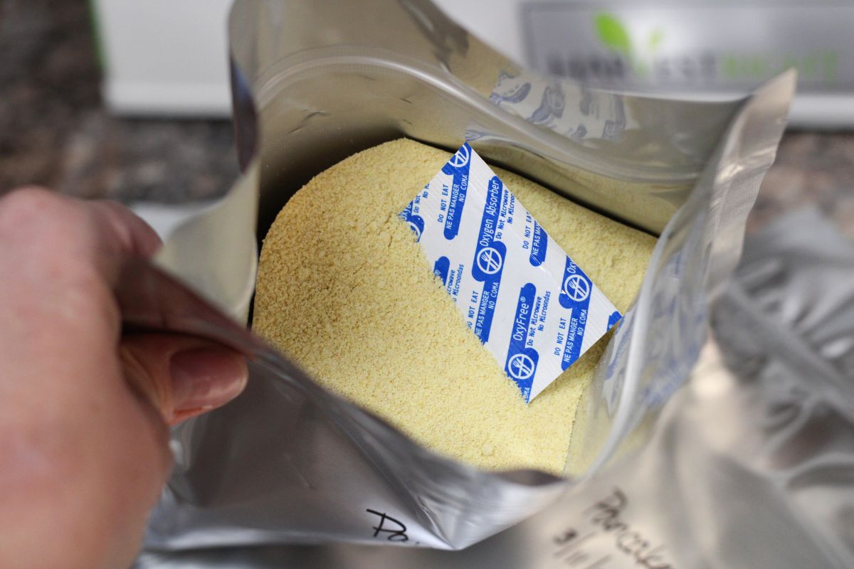 Freeze dried pancake powder in a mylar bag with a blue oxygen absorber.