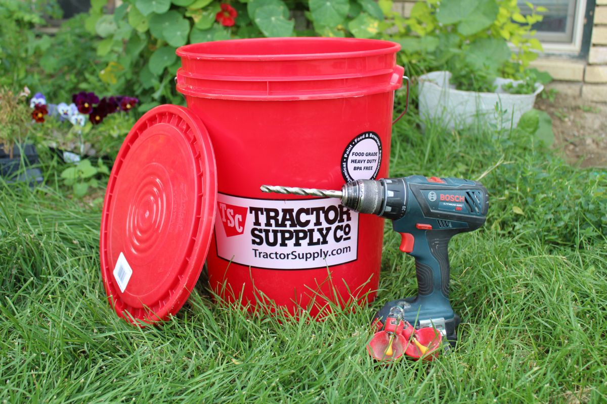 red bucket and a drill